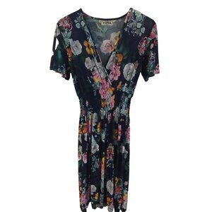 Yuna Floral Print Dress Navy Short Flutter Sleeves V-Neck Fitted Waist Size S/M